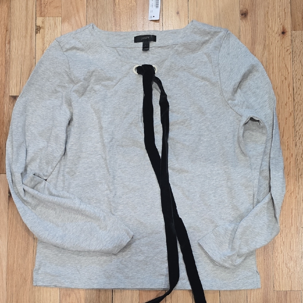 J. Crew Light Gray Long Sleeve Top with Black Tie Detail - Picture 1 of 1